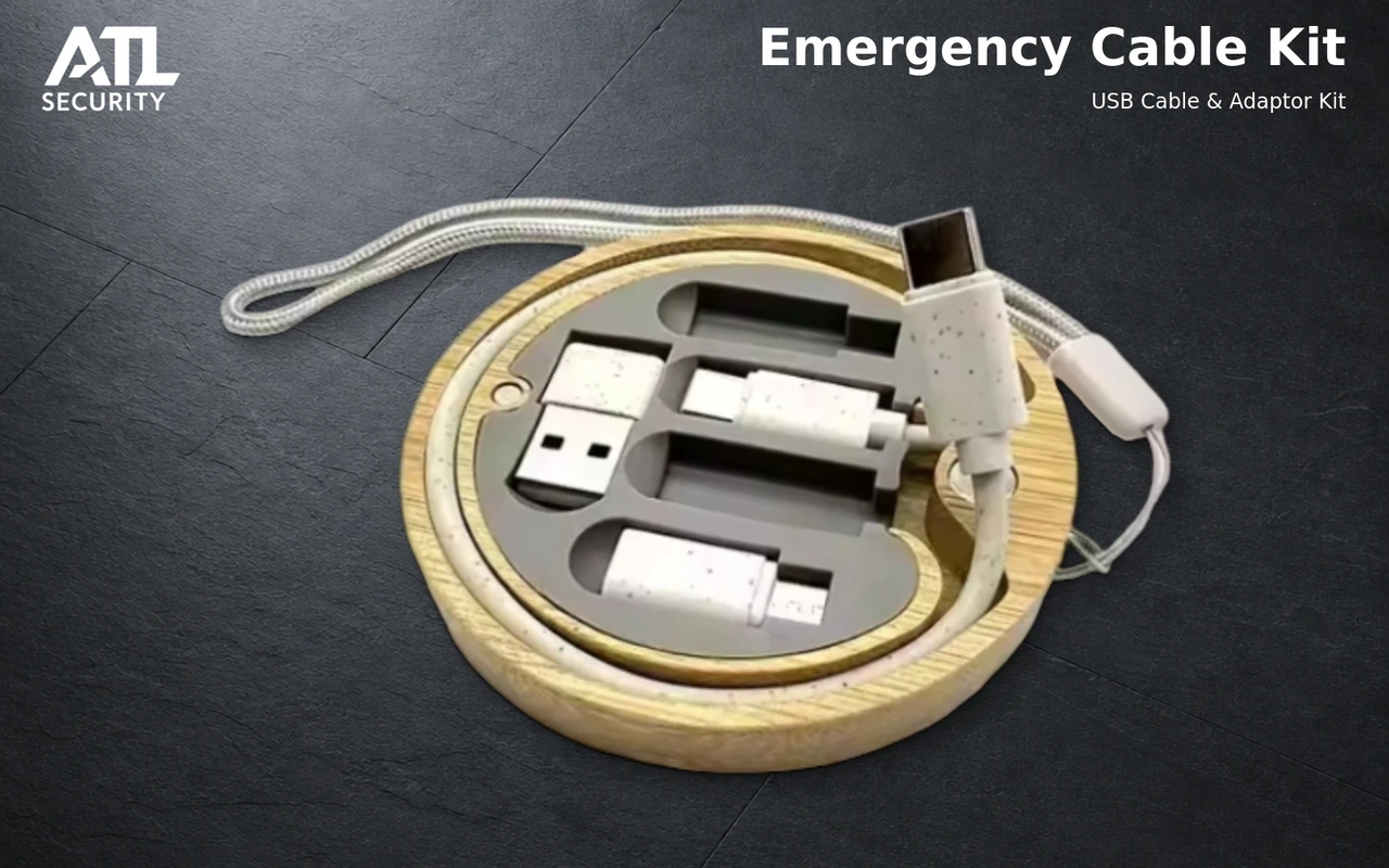 ATL Emergency Cable Kit in an open bamboo organiser with cables and adaptors on a charcoal background