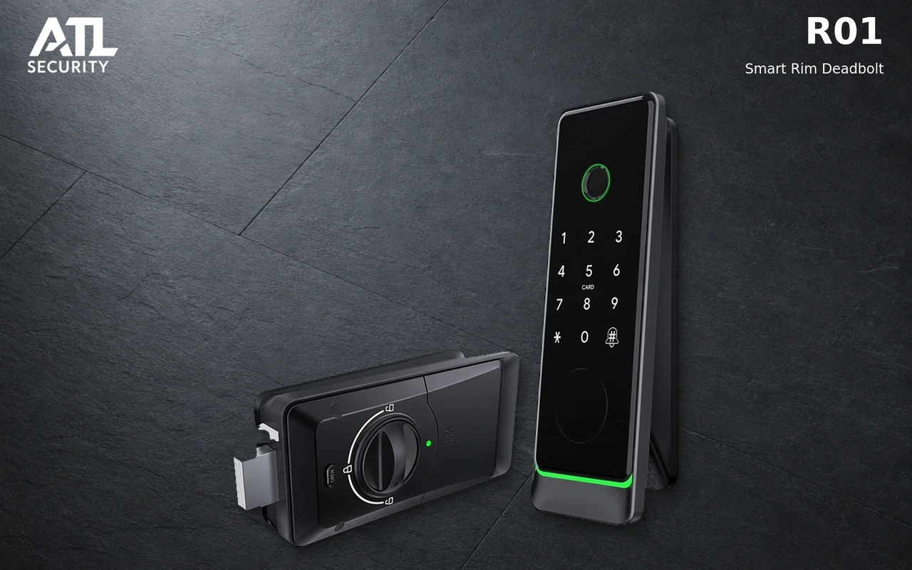 ATL R01 Smart Rim Deadbolt, showing the exterior keypad and interior turn knob