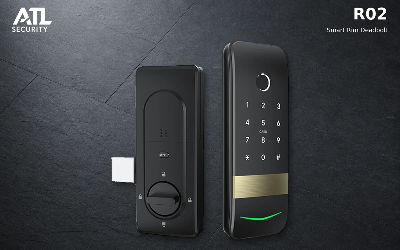 ATL R02 Smart Rim Deadbolt in black and gold, showing the exterior keypad and interior turn knob